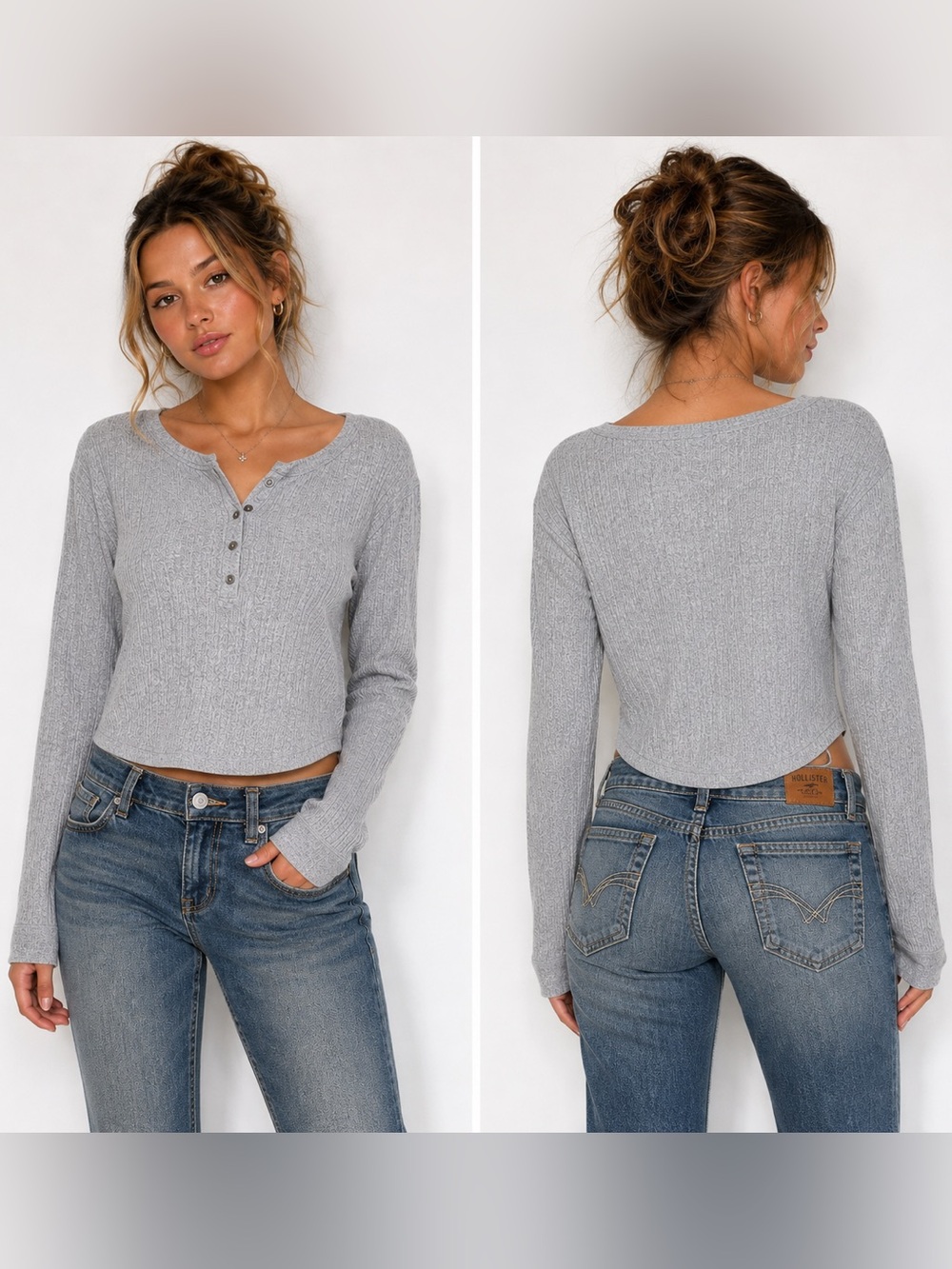 Hollister Gray Ribbed Long Sleeve Henley Top Size Small